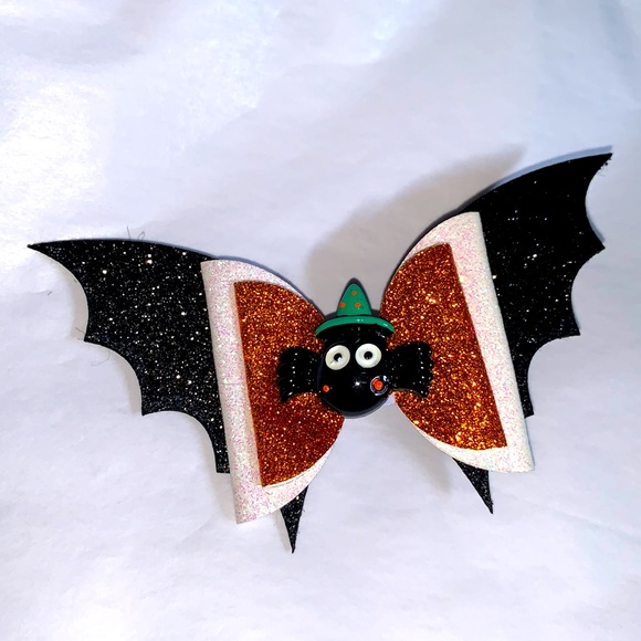 New! Spider Witch Hat Bat Wing Glitter Hair Bow - Picture 4 of 5